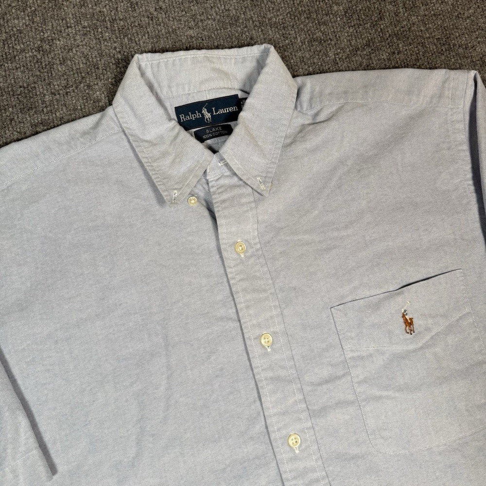 Ralph Lauren Shirt Men's Large Blake Button Up 100% Cotton Pony Blue Short Sleev